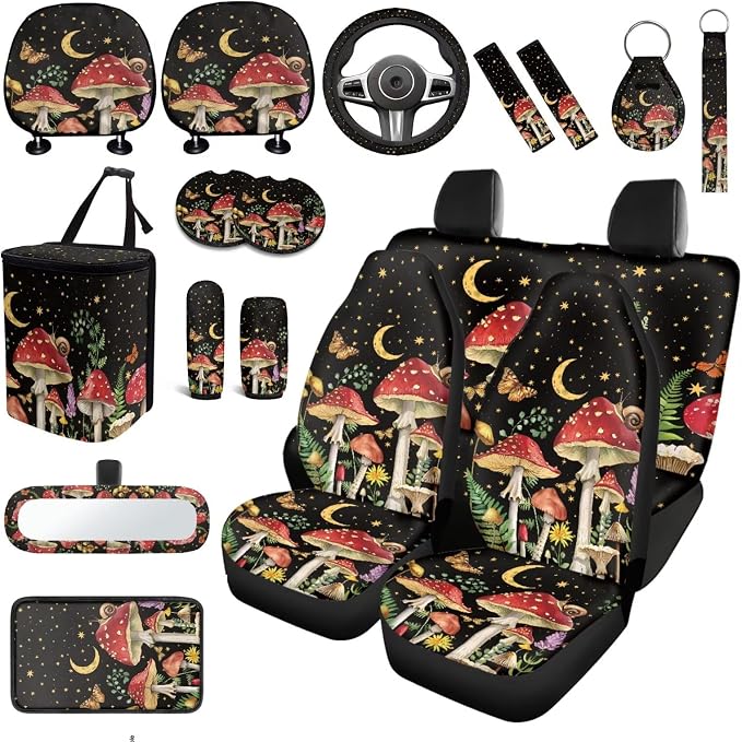 Mushroom Print Car Seat Covers Full Sets 18 Pieces Mushroom Car Interior Accessories with Car Headrest Covers Anti Slip Car Seat Belt Pads Cover Leakproof Auto Trash Can Steering Wheel Cover