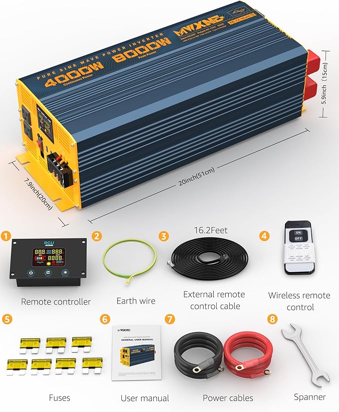 4000W Pure Sine Wave Power Inverter DC 48V to AC 110V 120V for Home RV with Dual AC Outlets 1 USB-C(60W) 3 USB-QC3.0 Fast Car Charger Adapter, LCD Display and Remote Control