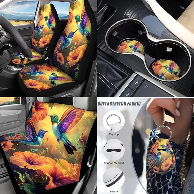 Hummingbird Flowers Car Seat Cover Set 17 Pack Hummingbird Car Interior Accessories Full Set with Seat Belt Shoulder Pad Car Arm Rest Cover Pad Universal Automotive Carpet Floor Mats Set of 4