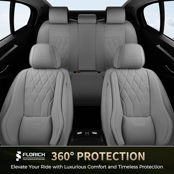 FLORICH Leather Car Seat Covers Full Set Automotive Seat Covers Waterproof Car Seat Cover with Lumbar Support Interior Cover for Front Seat and Back Universal Fit for Most Cars Sedans Trucks SUV, Gray