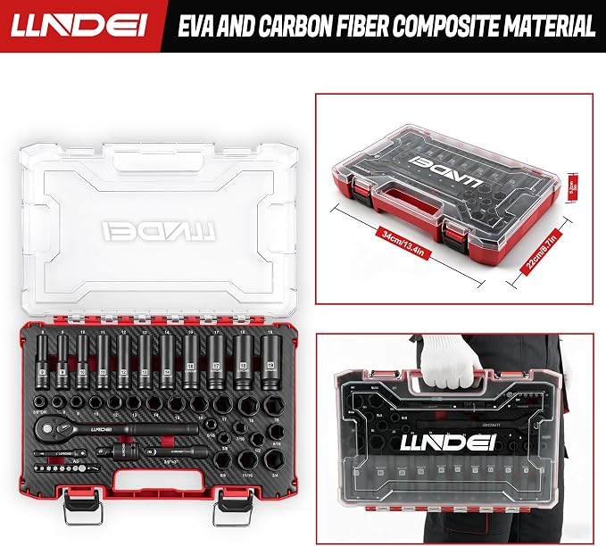 LLNDEI 45PCS 3/8 Inch Drive Impact Socket Set (Metric&Sae) with Transparent Case and EVA Foam Insert, Cr-V Material, for Automotive Engine and Daily Home Repair