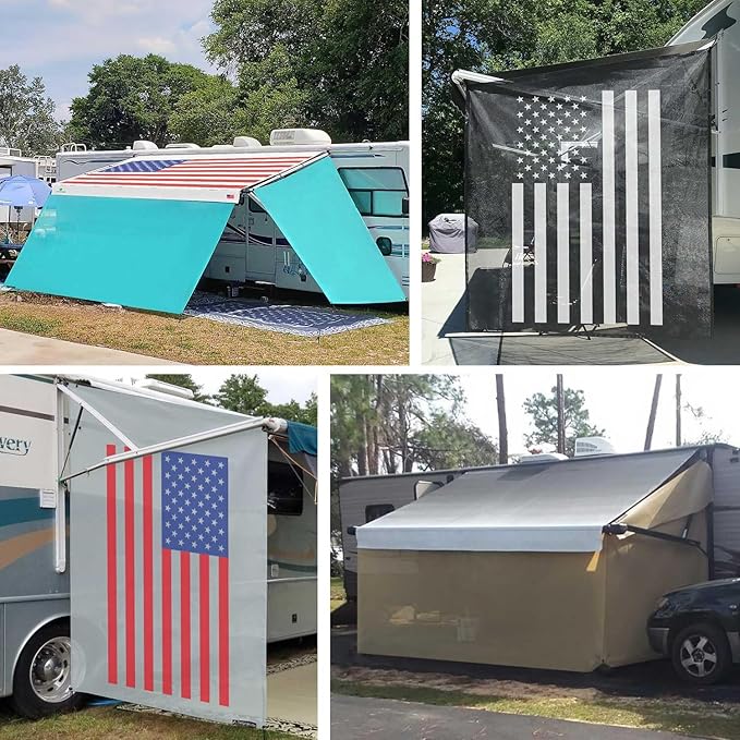 Tentproinc RV Awning Side Shade Screen 9' X 7' - (White American Flag) Black Mesh Sunshade for Motorhome Camping Trailer Awning Sunscreen UV Sun Blocker - 3 Year Warranty