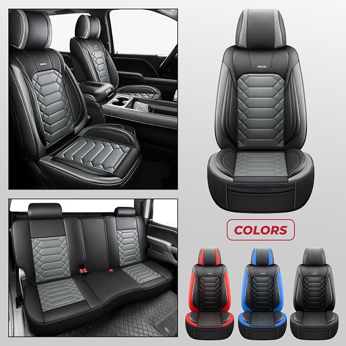 FREESOO 2014-2018 for Silverado 2 Front Seat Covers, Fit for Chevy Silverado GMC Sierra 1500 2500 3500 Crew Cab Waterproof Truck Seat Covers BlackGrey