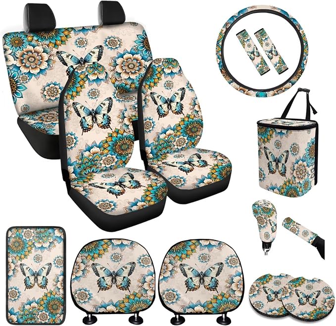 BIGCARJOB Boho Lotus Car Seat Covers Set 15 Pieces Butterfly Print Auto Seat Headrest Cover Universal Steering Wheel Cover Car Trash Can Hanging Auto Interior Accessories Set
