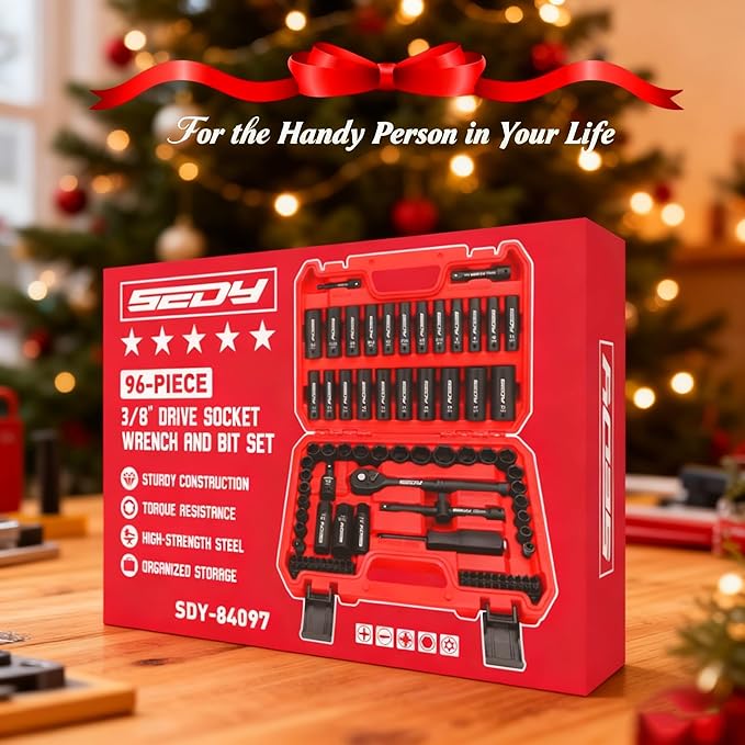 96-Piece 3/8" Drive Impact Socket Wrench and Bit Set, SAE 5/16”-3/4” & Metric 8-22mm, Cr-V Standard & Deep Sockets, Power Bits, Ratchet Handle, Universal Joint, Bit Holder, Adapters, Spark Plug Socket