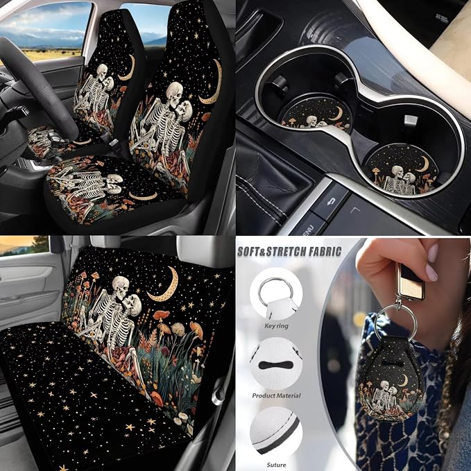 Skull Skeleton Car Accessories Set 17 Pack,Skeleton Skull Car Seat Covers Full Sets with Front and Split Rear BenchVehicle Front Rear Carpets Mats,Seat Belt Shoulder Pad Universal Fit Car