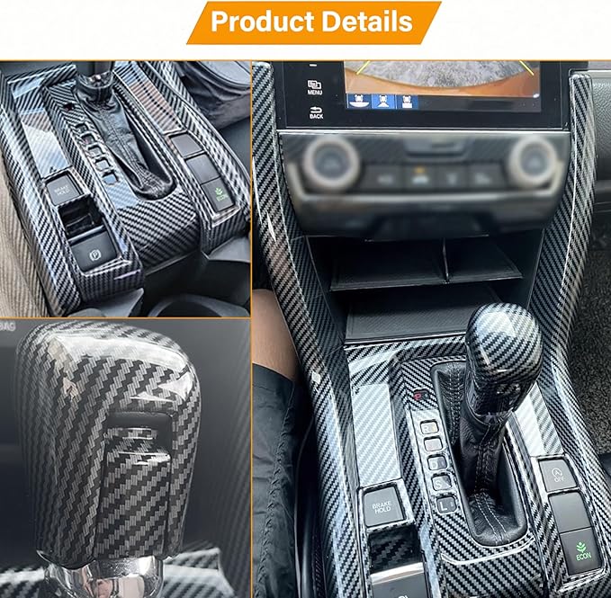 Center Console Automatic Gear Shift Panel Cover with Gear Shift Knob Cover Compatible with Honda Civic 10th Gen 2016-2021 Carbon Fiber Style Automotive Interior Accessories (5 Pcs)