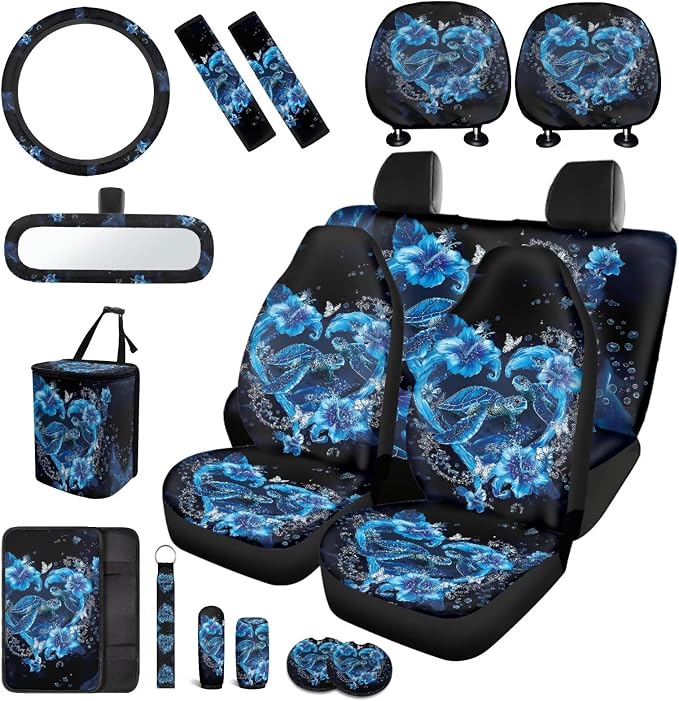 Sea Turtle Car Seat Covers Full Sets with Front and Split Rear Bench,Animal Turtle Car Accessories Set 17 Pack,Ethnic Style Rear Auto Head Rest Covers Universal Fit Mats Car Truck SUV Van