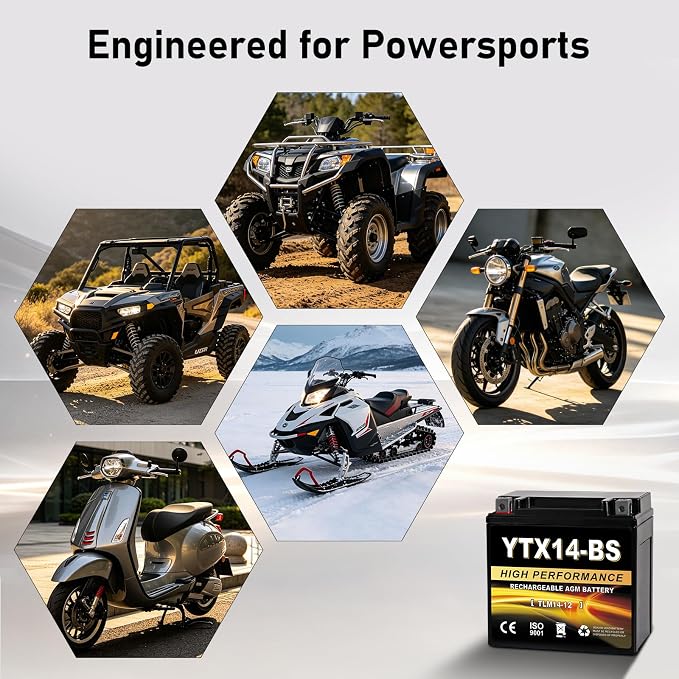 YTX14-BS 12V 14Ah AGM Sealed Motorcycle Battery, Maintenance-Free, Compatible with Honda, Yamaha, Kawasaki, Suzuki, and UTVs, Jet Skis, Snowmobiles