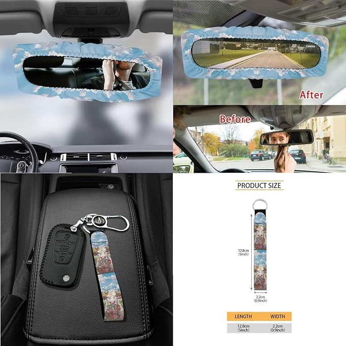 Cow Floral Print 15 PCS Car Front Back Seat Cover Full Set, Seat Belt Strap Pad Steering Wheel Covers Air Vent Storage Bag Cup Holder Rear View Mirror Cover Key Chain Auto Decor