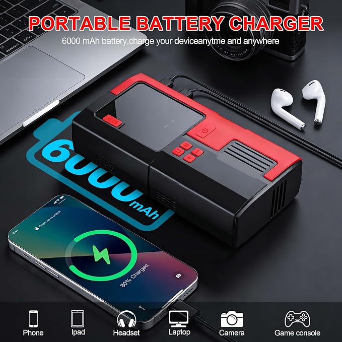 Jump Starter with Air Compressor, 5000A Tire Inflator, 16.8V Portable Jump Box with LED Light/Flashlight for 9.0L Gas/6.0L Diesel, Car Battery Jumper Starter Portable, Jumper Cables