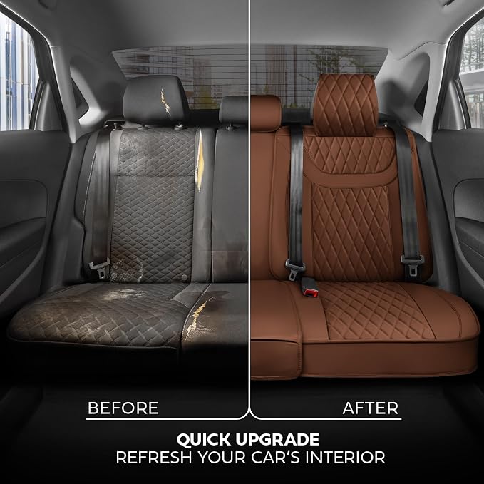 MotorBox Creekstone Series – PU Leather Car Seat Covers Full Set, Cross-Stitch Edition Leather Seat Covers, Diamond Stitched PU Leatherette Brown Seat Covers for Cars Trucks SUVs