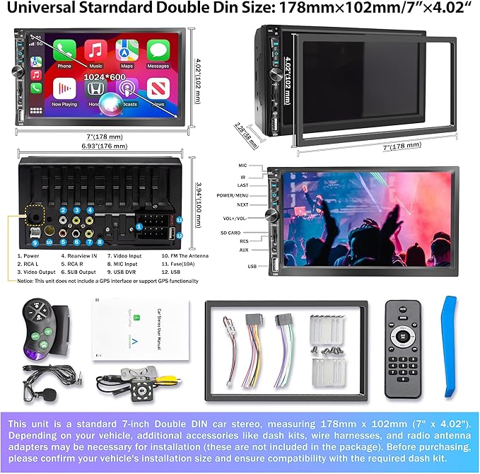 Upgrade Wireless 7" Double Din Car Stereo Apple CarPlay Android Auto 178 * 102mm,Touchscreen Car Play Radio for Car,Screen for Bluetooth 5.2, Weatherproof Backup Camera,FM AM,AUX,Card Slot,USB,SWC