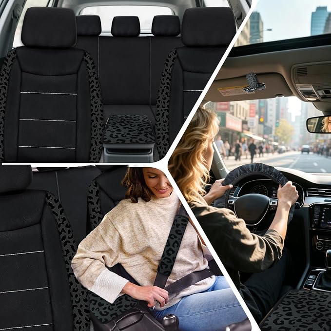 23 Pcs Leather Car Seat Cover Full Set for Women,Universal Car Seat Cover,Print Printing Car Steering Wheel Cover Center Console Armrest,Sunglass Holder Accessories Full SUV(Black leopard print)