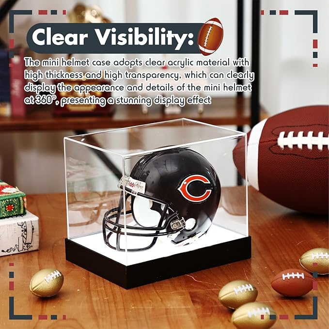 Chunful Acrylic Mini Helmet Display Case with LED Light 7.5 Inch Clear Adjustable Brightness 1/2 Football Baseball Helmet Showcase One-Piece Without Assembly UV Protection Gift for Sports Enthusiast