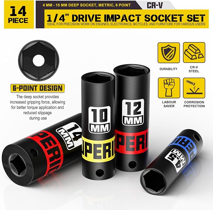 14 Piece 1/4" Drive Impact Socket Set, 4 mm - 15 mm Deep Socket, Metric, 6 Point, CR-V, Auto Repair Bicycle Maintenance and Furniture Assembly