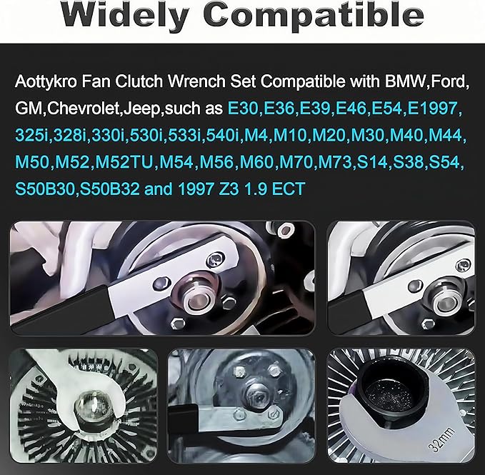 Fan Clutch Removal Tool Kit,32mm & 36mm Wrench Set with Water Pump Pulley Holder,Heavy Duty Automotive Tool for BMW Ford GM Dodge Jeep Chevy(Black)