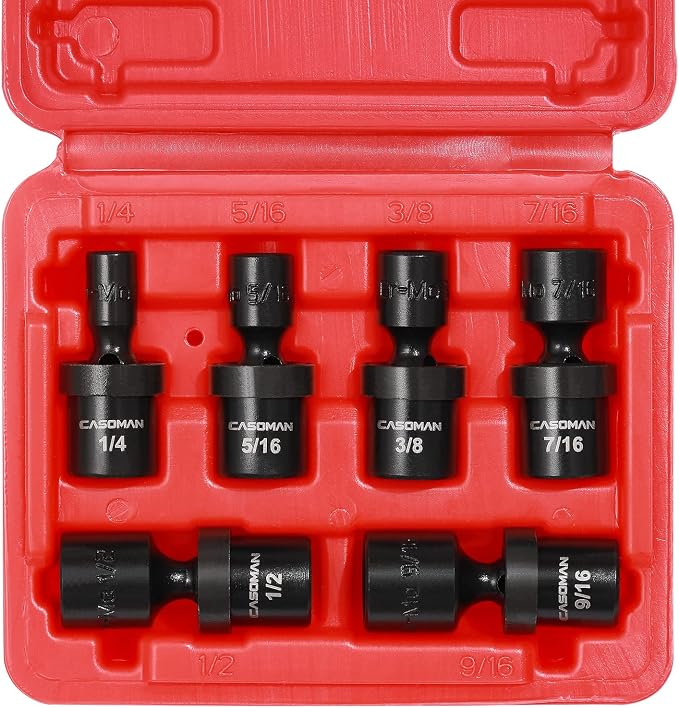 CASOMAN 1/4-Inch Drive Shallow Universal Impact Socket Set, SAE, 6 Pieces Set, 1/4" to 9/16", 6-Point, Cr-Mo, Swivel Socket
