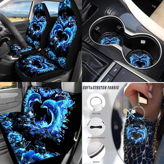 Neon Dolphin Car Accessories Full Set of 17 Pack,Blue Dolphin Car Seat Covers Sets with Front and Rear Bench,Steering Wheel Cover,Seat Belt Shoulder Pad,Key Chain Universal Car Floor Mats Set