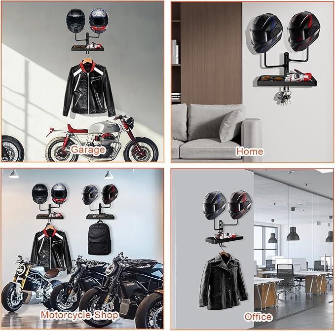 Motorcycle Helmet Holder Wall Mount, Rustic Helmet Rack with 2 Ball Hangers and Storage Space for Motorcycle Gear Accessories, The Double Hooks for Key/Jacket Hanging