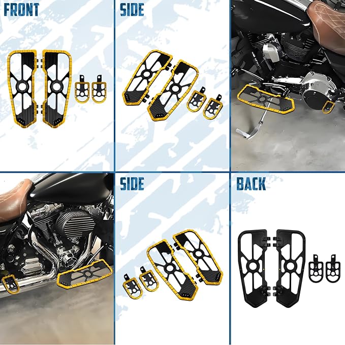 Motorcycle Floorboards Set Driver Front Footboards and Rear Passenger Foot Pegs Kit Offroad MX Style Fit for Harley Touring Road King Road Glide Electra Glide Street Glide (Yellow Edge)