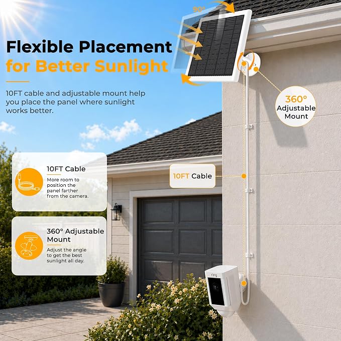 8W Solar Panel for Ring Camera, 3-Pack Solar Panel Charger Compatible with Ring Stick Up Cam Battery, Spotlight Cam Battery, Includes Barrel Plug to USB-C Adapter, IP65 Waterproof, 10ft Cable