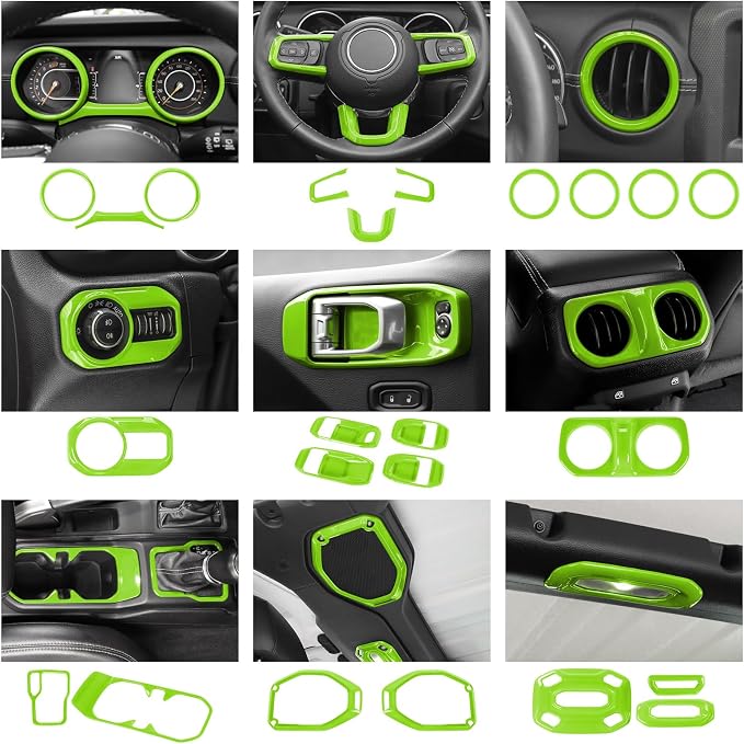 23pcs Full Set Interior Trim Kit for Jeep Wrangler JL JLU Gladiator JT 2018-2023 Steering Wheel Door Handle Air Conditioning Vent Cup Holder Reading Light Headlight Gear Cover, Light Green