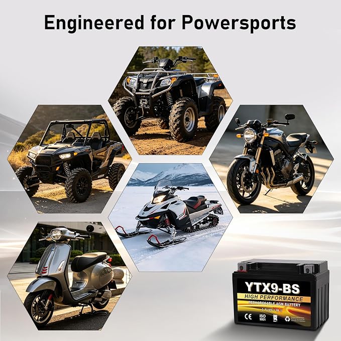 YTX9-BS 12V 9Ah AGM Sealed Motorcycle Battery, Maintenance-Free, Compatible with Honda Polaris Suzuki, Replacement for YTX9-BS, ETX9, GTX9-BS