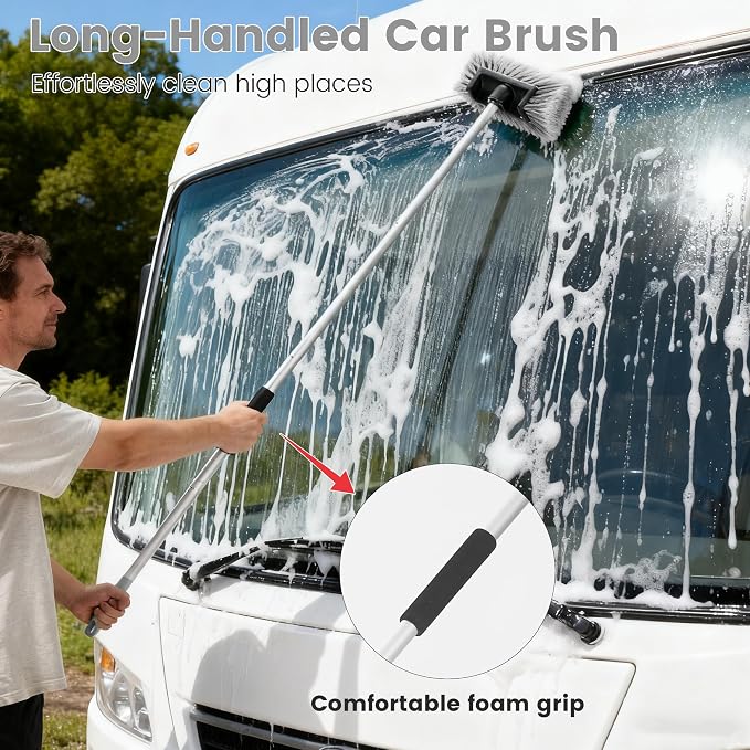 Car Wash Brush with Long Handle, 60'' Soft Bristle Cleaning Brush, Car Cleaning Brushes, Carwash Brushes for SUV, RV, Boat, Truck, House Siding, Sweep Snow, Gray