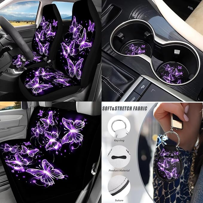17Pcs Purple Butterfly Car Accessories Full Set for Women,Neon Butterfly Car Seat Covers Set for Front and Rear,Neon Butterflies Car Rubber Floor Mats Shoulder Pad Seat Belt Protector Set