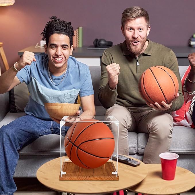 Clear Acrylic Basketball Display Case with Wood Base & Tee, Memorabilia Stand Cube Holder, Dust Protection Transparent Storage Box for Single Ball Souvenir Basketball Collections