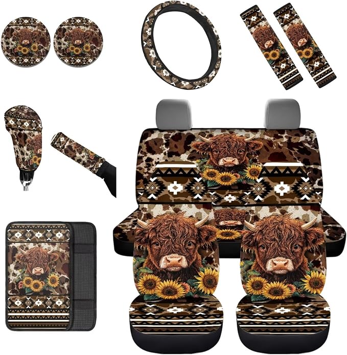 Dreaweet Aztec Brown Cow Print Car Seat Covers Full Set Cute Sunflower Highland Cow Car Accessories,Car Steering Wheel Cover Armrest Cover Seat Belt Pads Cup Holders Gear Shift Cover Handbrake Cover
