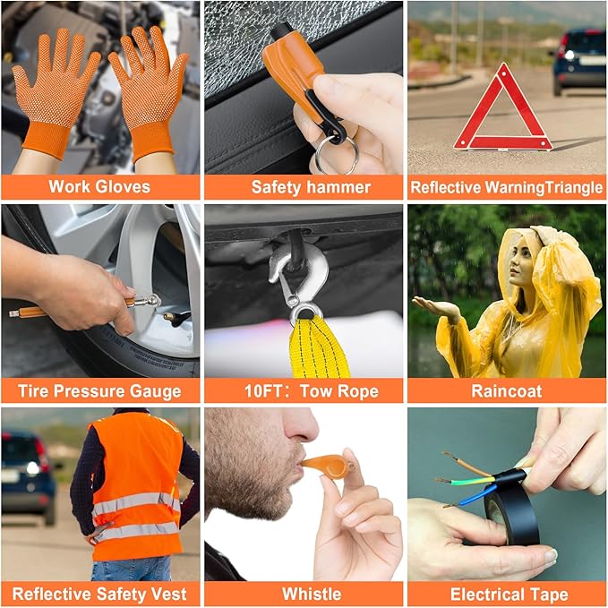 AUTODECO 131 Pieces Car Emergency Safety Kit Bag with Air Compressor Jumper Cable Tire Pressure Gauge Roadside Emergency Car Kit for Vehicles