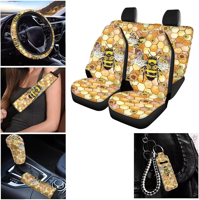 Bee Cartoon Car Seat Covers for Front Rear Full Set + Auto Steering Wheel Cover + Seat Belt Pads + 2Pcs Coasters + Keychains + Gear Shift Cover Universal fit SUV Truck Vans Sedans, Yellow