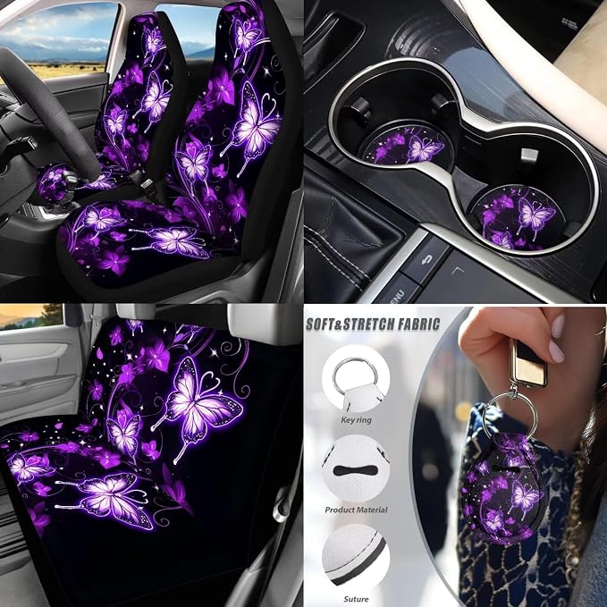 Neon Butterfly Car Accessories Set Full Sets 17 Pack Purple Butterfly Car Seat Covers with Front and Split Rear Bench,Seat Belt Cover Pad,Auto Front Rear Foot Carpet All Weather,Universal Fit