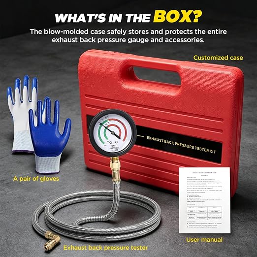 Exhaust Back Pressure Tester Kit, Car Gauge Set, 6.2FT Stainless Steel Hose | Brass Quick-Connect Coupler, Included Gloves, Carrying Case, M12 and M18 Adapter, Easy Operation, 3-Year Warranty