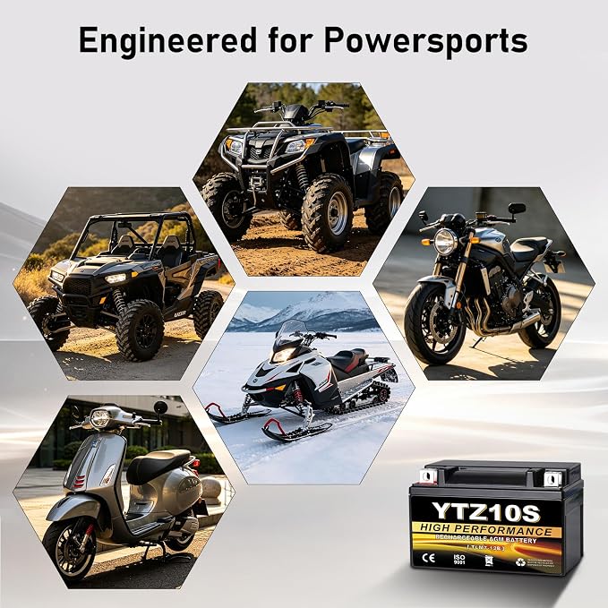 YTZ10S-BS 12V 9Ah AGM Sealed Motorcycle Battery, Maintenance-Free, Compatible with Yamaha Raptor, Honda CBR, BMW, Kawasaki, Suzuki