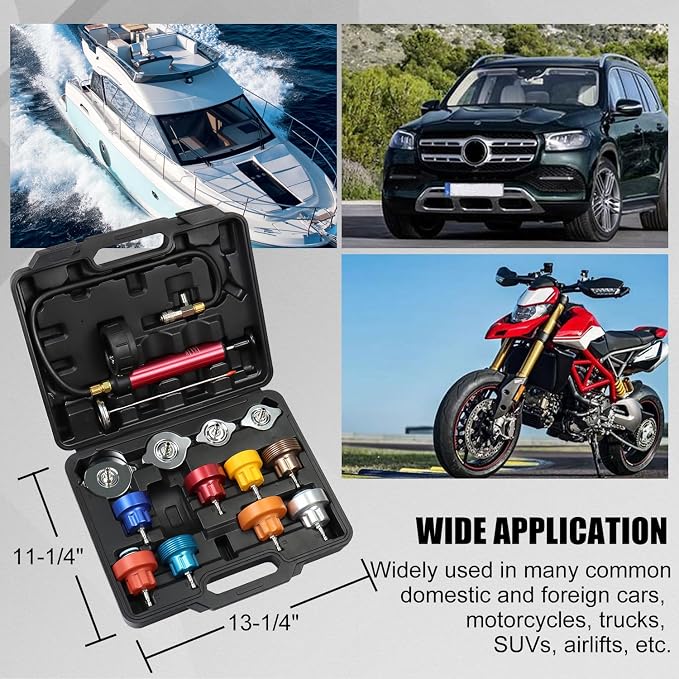Coolant Pressure Tester Kit, Manual Pump Radiator Pressure Tester and Adapters Work on Cooling System Leak Down Test for Cars Motorcycles Trucks Airlifts, 14PCS Automotive Tools Black