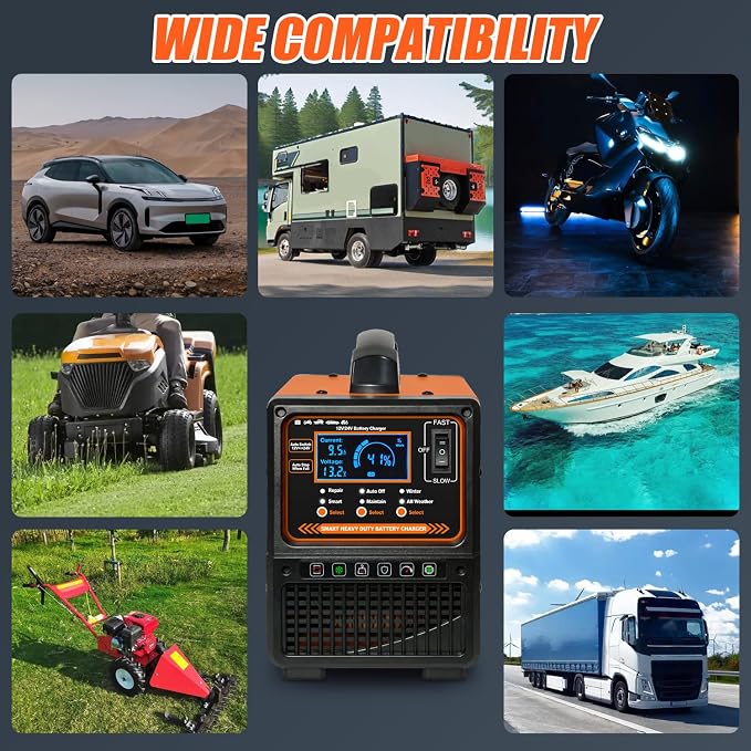12V 24V Car Battery Charger Heavy Duty, Portable 0-15A Smart Battery Maintainer/Trickle Charger with Repair, Auto Shutoff, Winter/Summer Mode for Car Truck Boat RV Lawn Mower AGM Lead-Acid Deep Cycle