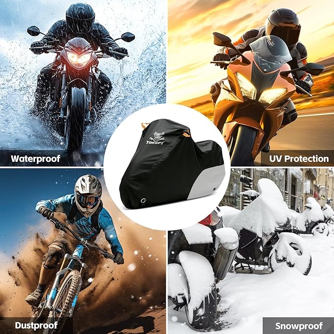 Motorcycle Cover Waterproof All Season Outdoor Protection, Fits up to 104 Inch, Compatible with Cruisers & Touring Models, with Locking Holes & Reflective Strips (Black&Silver)