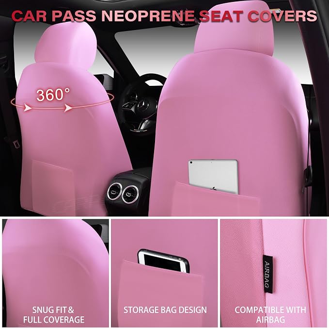 CAR PASS Waterproof Car Seat Covers Full Set,Neoprene Car Seat Covers 5 Seats,3D Tyre Embossed Pink Seat Covers All-Weather Non-Slip Durable Universal Fit Trucks,SUV,Airbag Compatible,All Pink