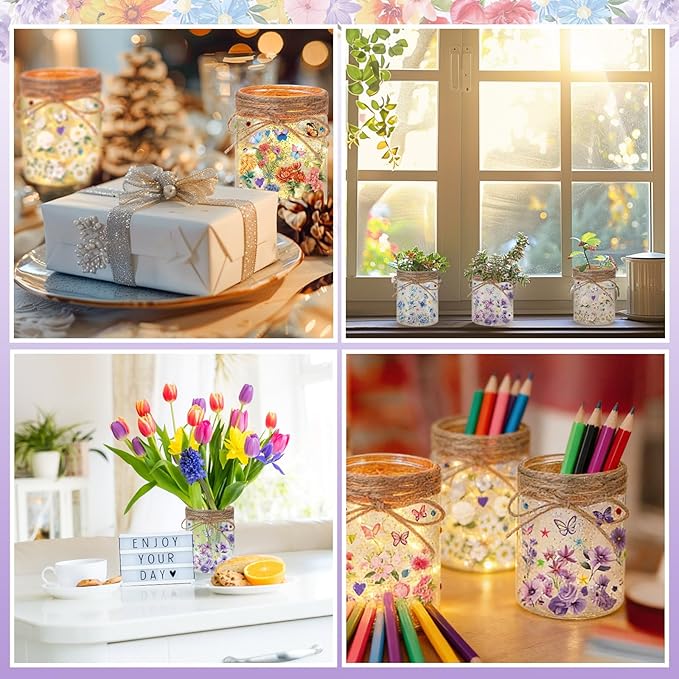 Cinrobiye 24 Set Mason Jar DIY Craft Kit Flower and Butterfly Lanterns with LED Lights Spring Table Centerpiece Decorations Wedding Baby Shower Party Supplies