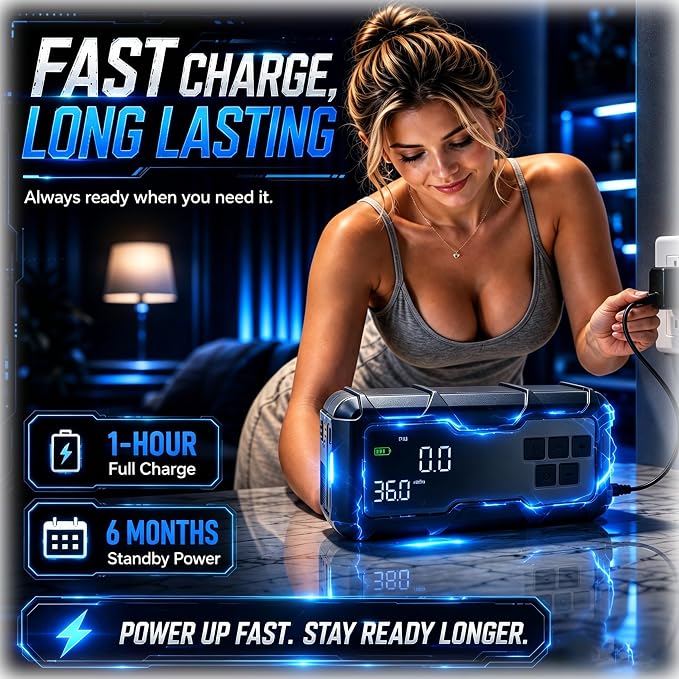 9000A Jump Starter with Air Compressor 10-1 Portable Tire Inflator German Fast-Charging Power Bank Car Diesel Battery Booster for Car Owners Camping, Road Trips, Family Safety & Gift