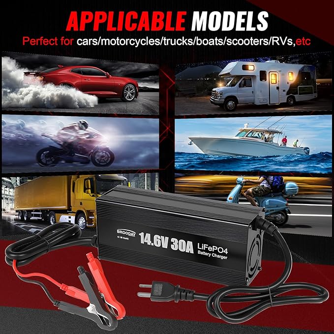 12V 30A LiFePO4 Battery Charger, 14.6V Lithium Battery Charger, Fast Charging, Over-Current and Over-Voltage Protection for 12V Lithium Iron Phosphate Batteries