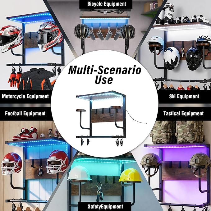 Motorcycle Helmet Rack Wall Mount with Light, Black & Steel Motorcycle Helmet Rack with RGB Light, Waterproof Heavy Duty Helmet Display Shelf for Jackets, Gear & Motorcycle Accessories Storage