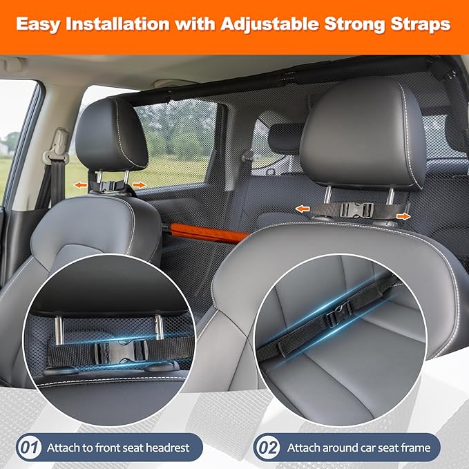 Dog Barrier for Car, 50" Wide SUV Dog Barrier for Cargo Area & 2nd 3rd Row Seats, Sturdy Dog Barrier for Small SUV & Truck with See-Through Net Mesh, Back Seat Divider for Mid-Sized Vehicle