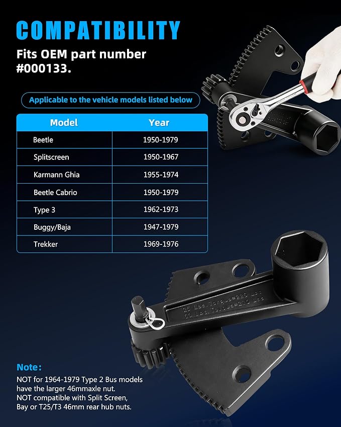 000133 Torque Multiplier Leverage Tool for VW Bug/Vo-lkswagen Beetle 1950-1979, 36mm Axle Nut & Flywheel Gland Nut Removal/Installation Tool