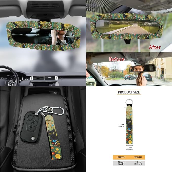 Cat Floral Butterfly Print Car Seat Cover Set Steering Wheel Covers Seat Belt Strap Cover Garbage Cans Air Vent Storage Holder Rear View Mirror Covers Coasters Key Chain, 15 Pack