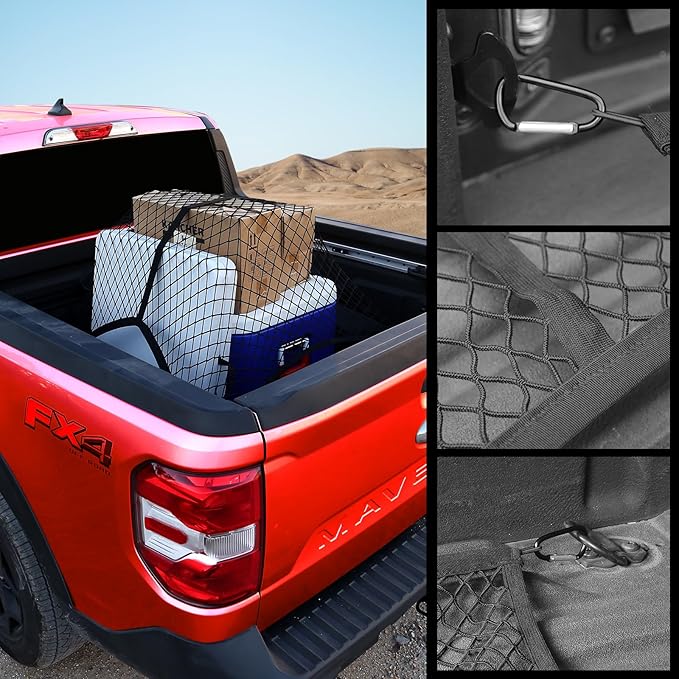 Mabett Truck Bed Cargo Fixed Net Highly Elastic for Ford Maverick Accessories 2022-2025, Stretchable Bed Mesh Net with 6 Metal Carabiners for Maverick (Elastic Fixed net)