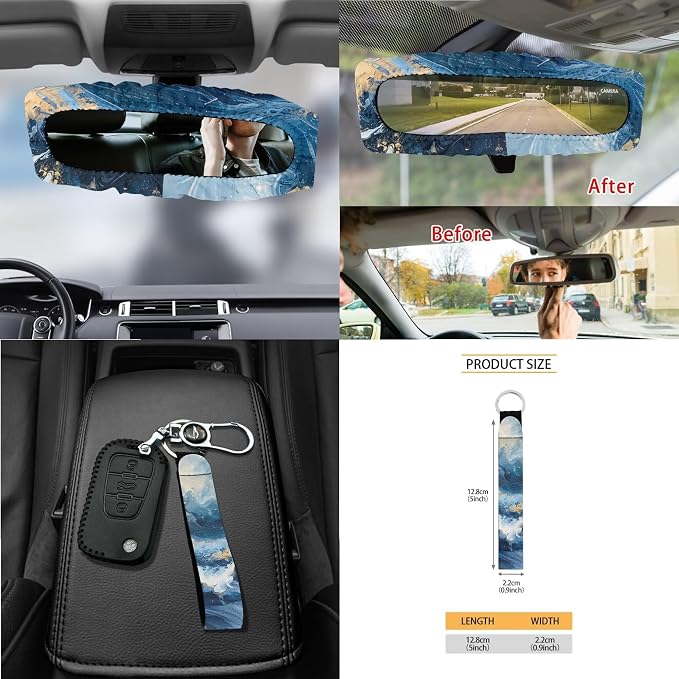 Marble Print Universal Fit Car Seat Cover Set Steering Wheel Covers Seatbelt Strap Pad Trash Cans Air Vent Storage Bag Rearview Mirror Cover Cup Holder Keychain, 15 PCS